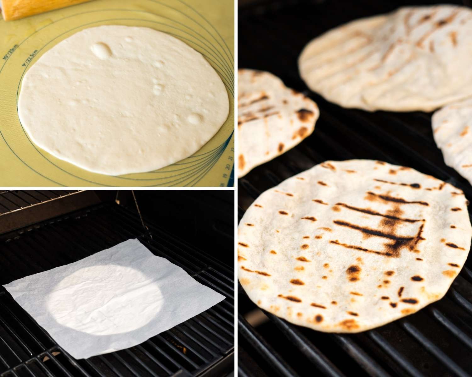 Collage of three images showing how to make flatbread dough, and make flatbreads on a grill.