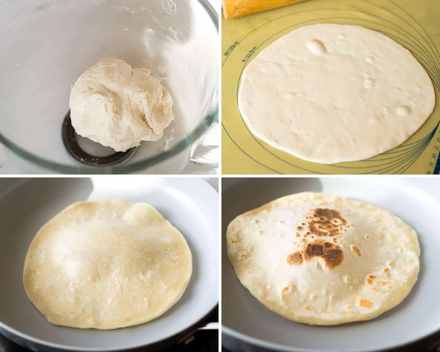 Collage of four images showing how to make flatbread dough, and make flatbreads in a pan.