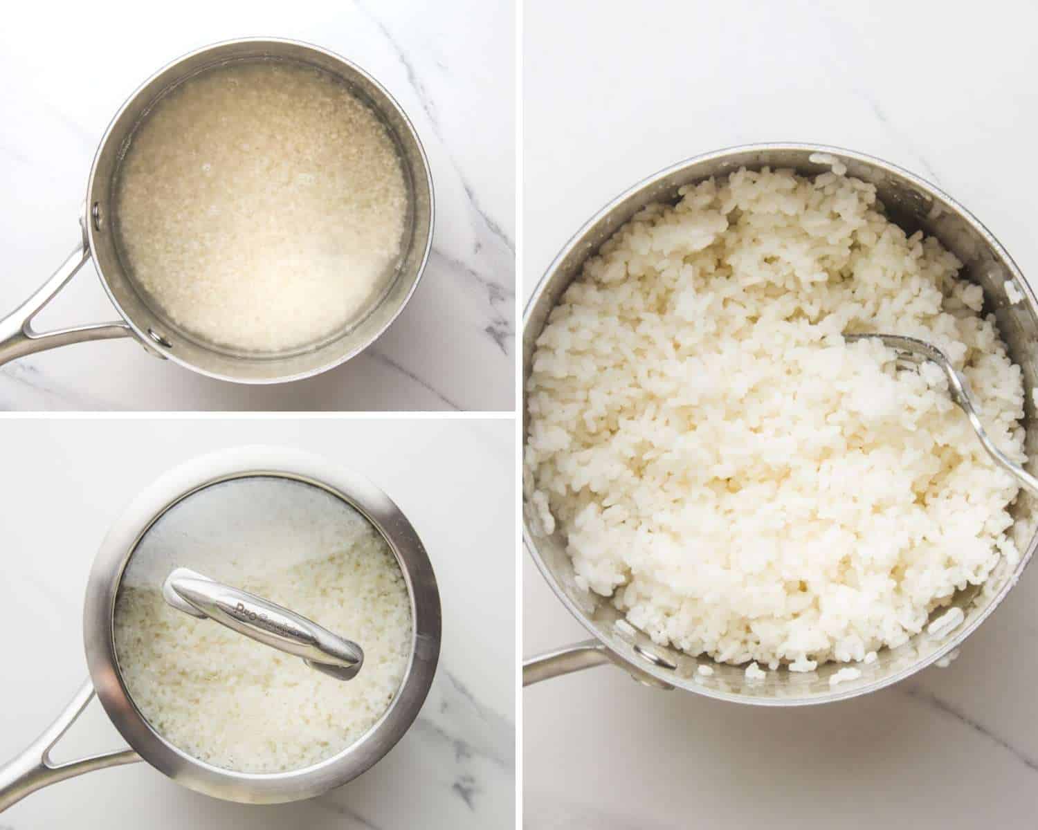 a photo collage showing how to cook sushi rice on the stove