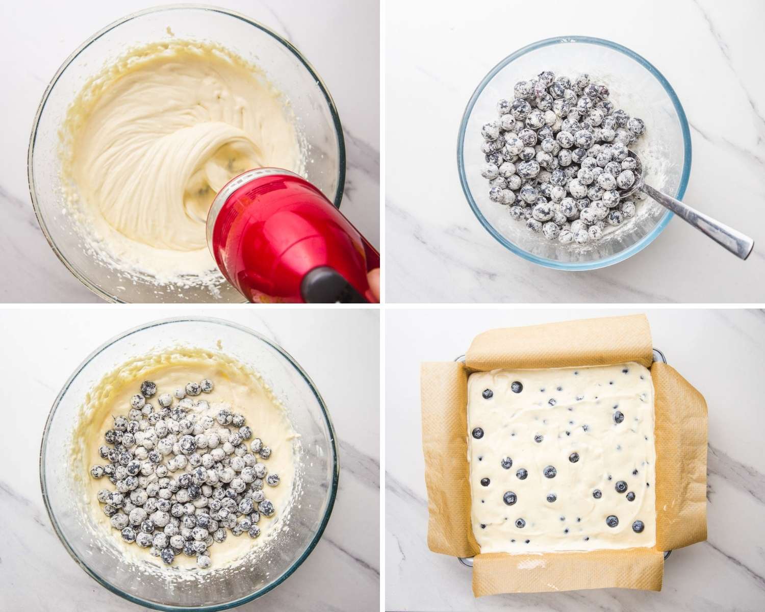 photo collage showing four steps needed to create blueberry cheesecake squares