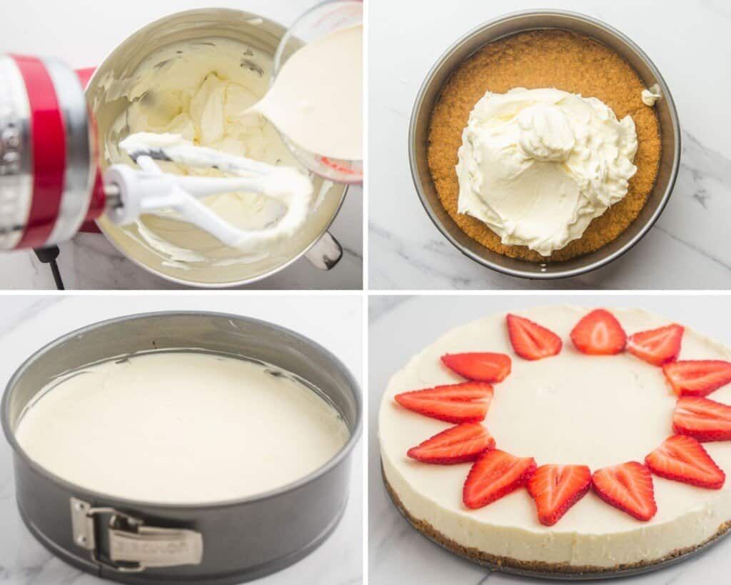 four photos showing how to make a no bake cheesecake