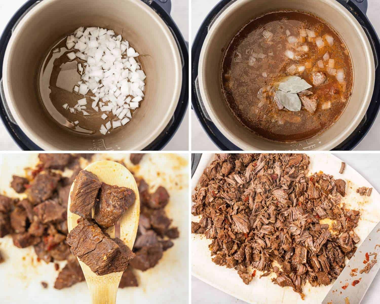Collage of four images showing how to make birria stew