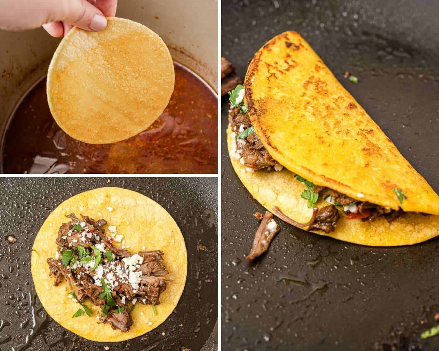 Collage of three images showing how to assemble birria tacos