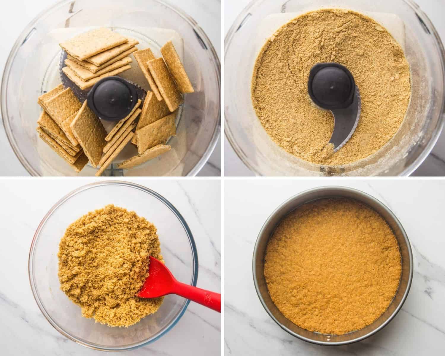 Photo collage of four images showing how to make a graham cracker crust from scratch