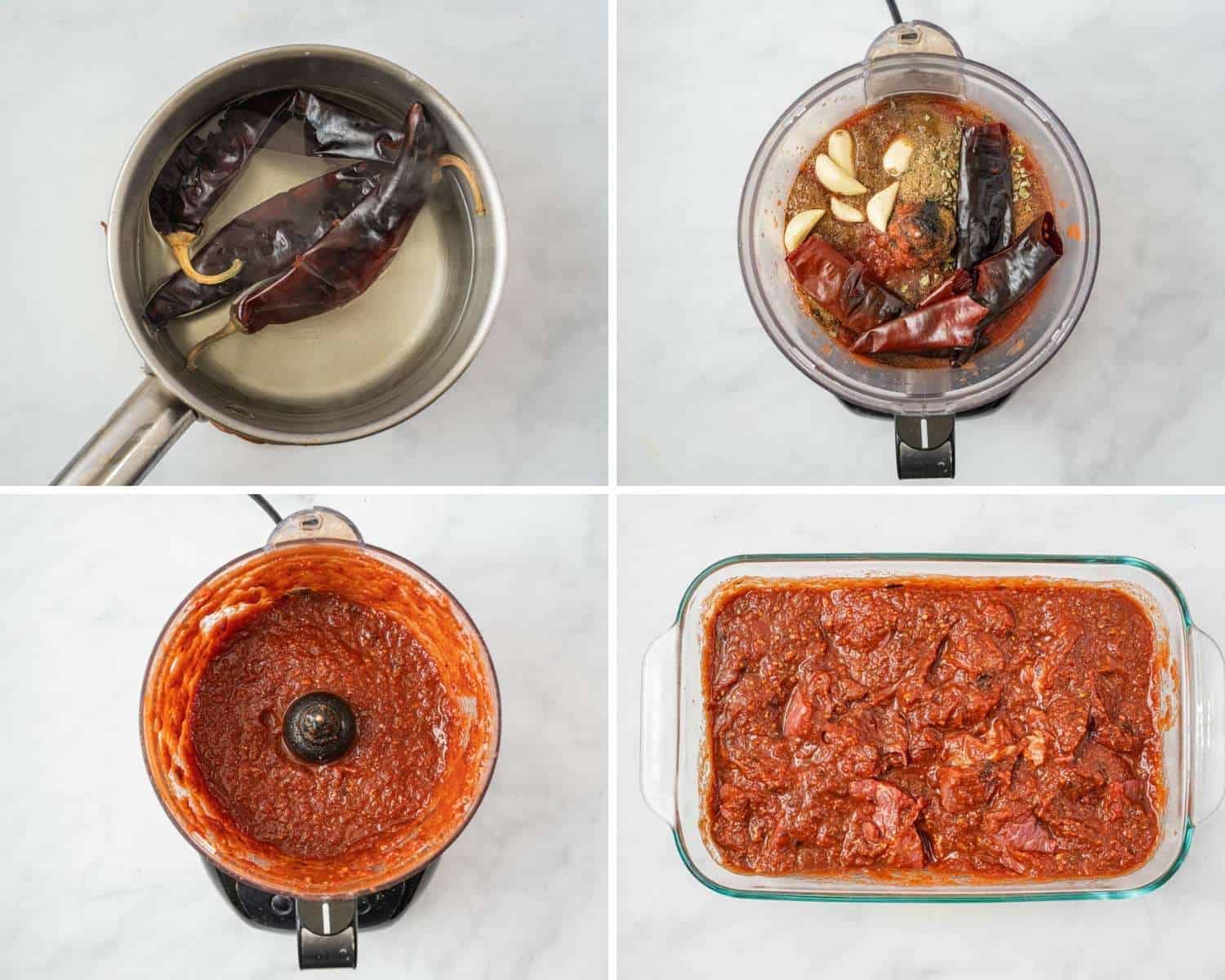 Collage of four images showing how to make marinade for birria tacos