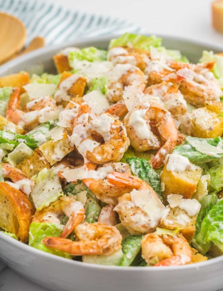 a large white bowl filled with caesar salad topped with shrimp