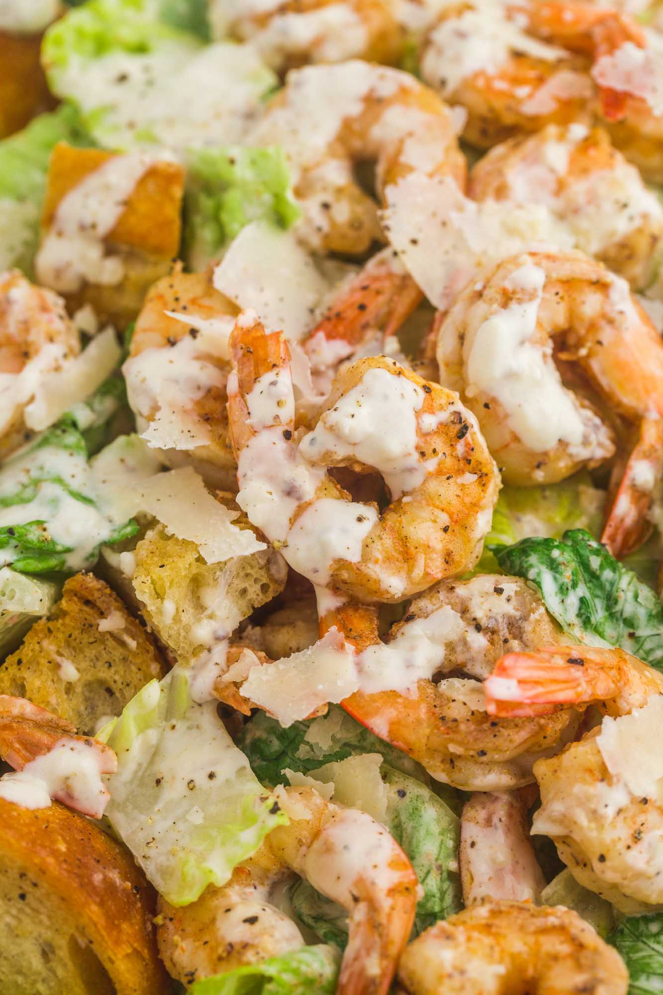 a closeup photo of a shrimp caesar salad drizzled with extra dressing and shaved parmesan