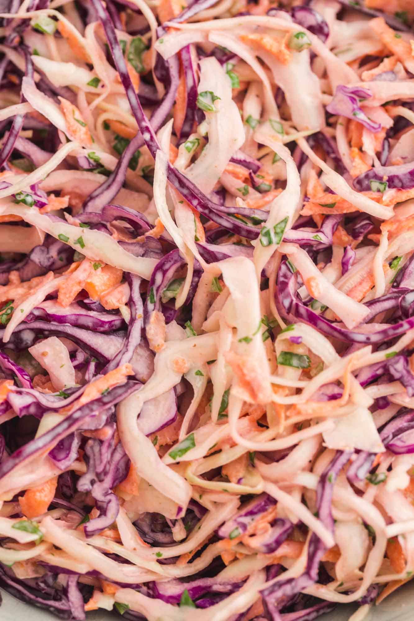 closeup view of creamy cabbage slaw for fish tacos