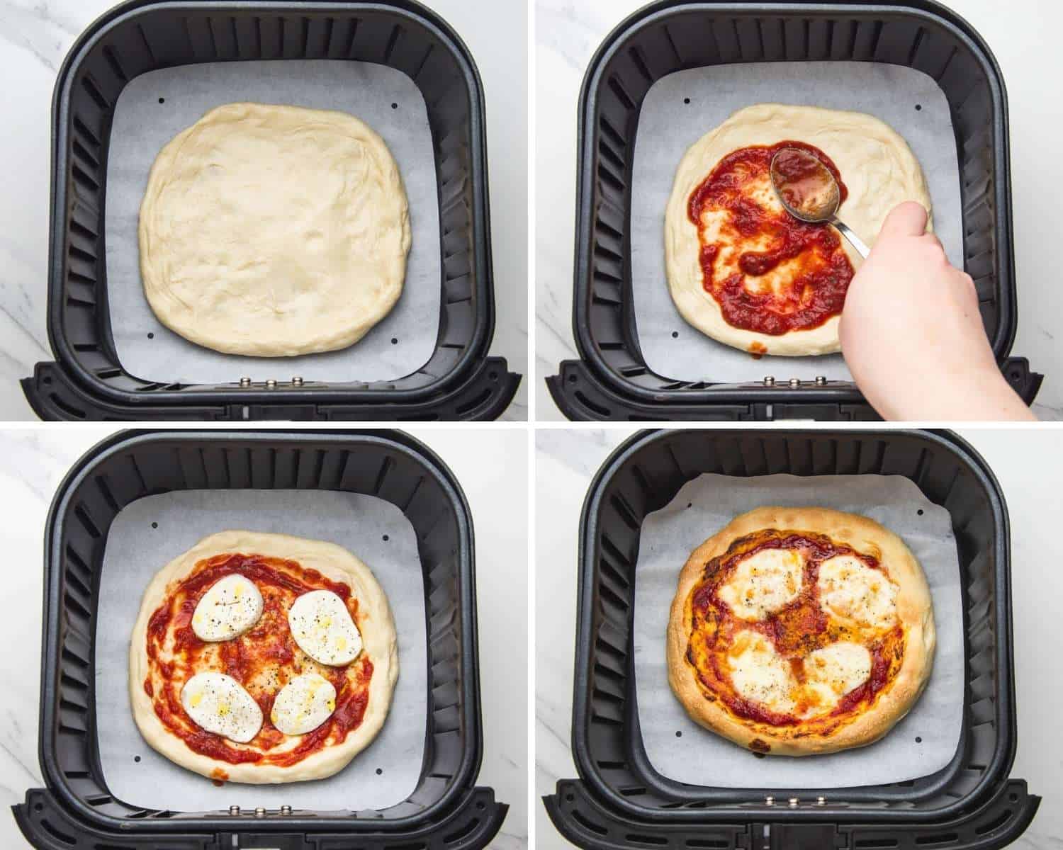 Collage of four images showing how to make pizza in the air fryer