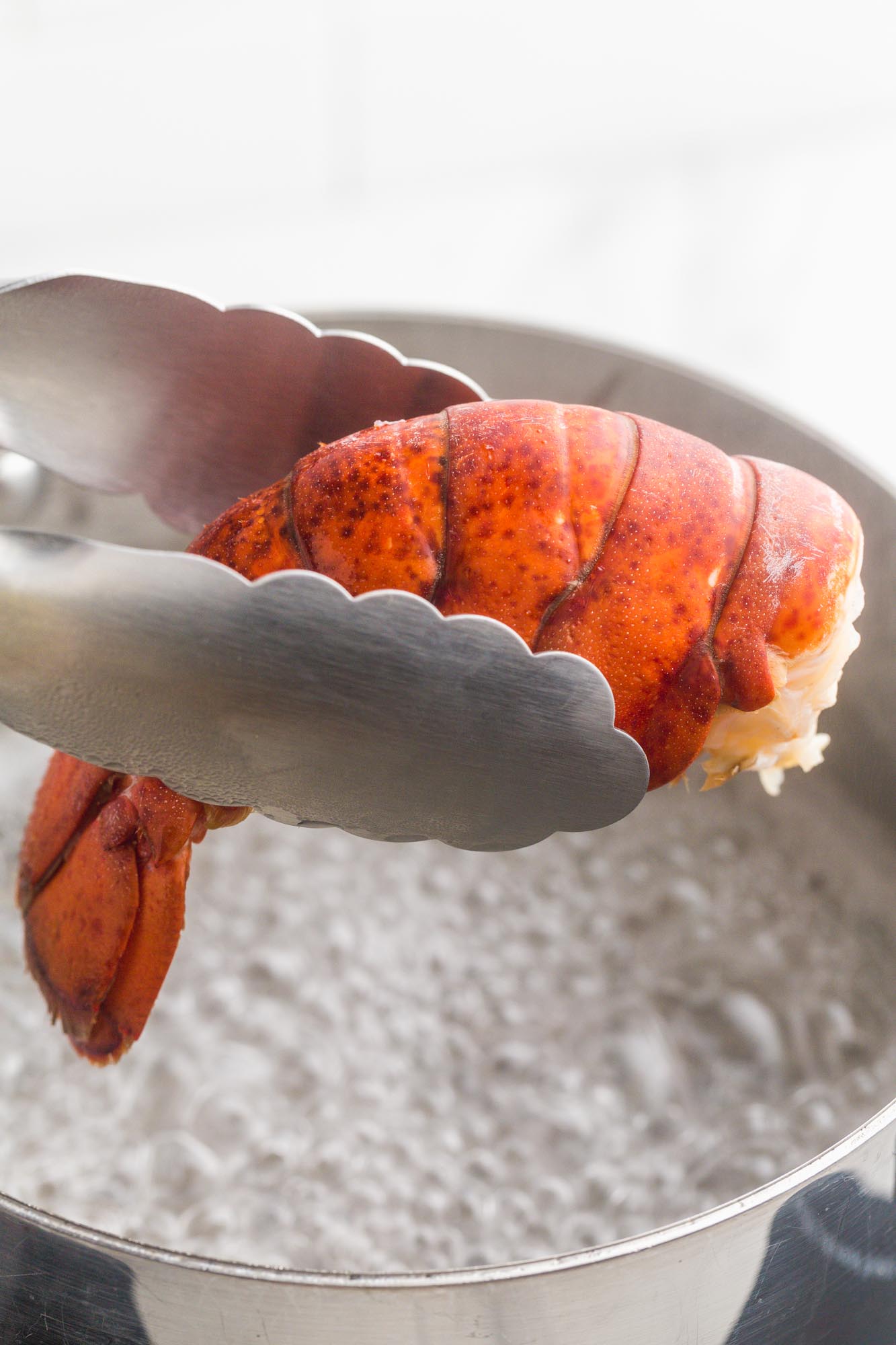 Holding a boiled lobster tail with kitchen tongs over a pot with boiling water