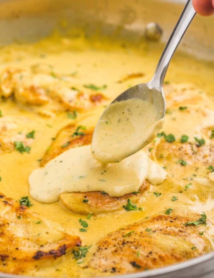 Chicken in boursin cream sauce in a skillet. A spoon is adding sauce over one of the chicken pieces.