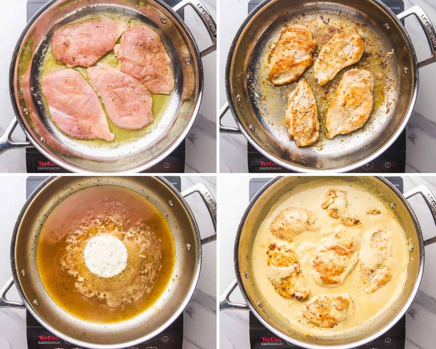 a collage of four images showing how to make easy boursinc chicken in a skillet