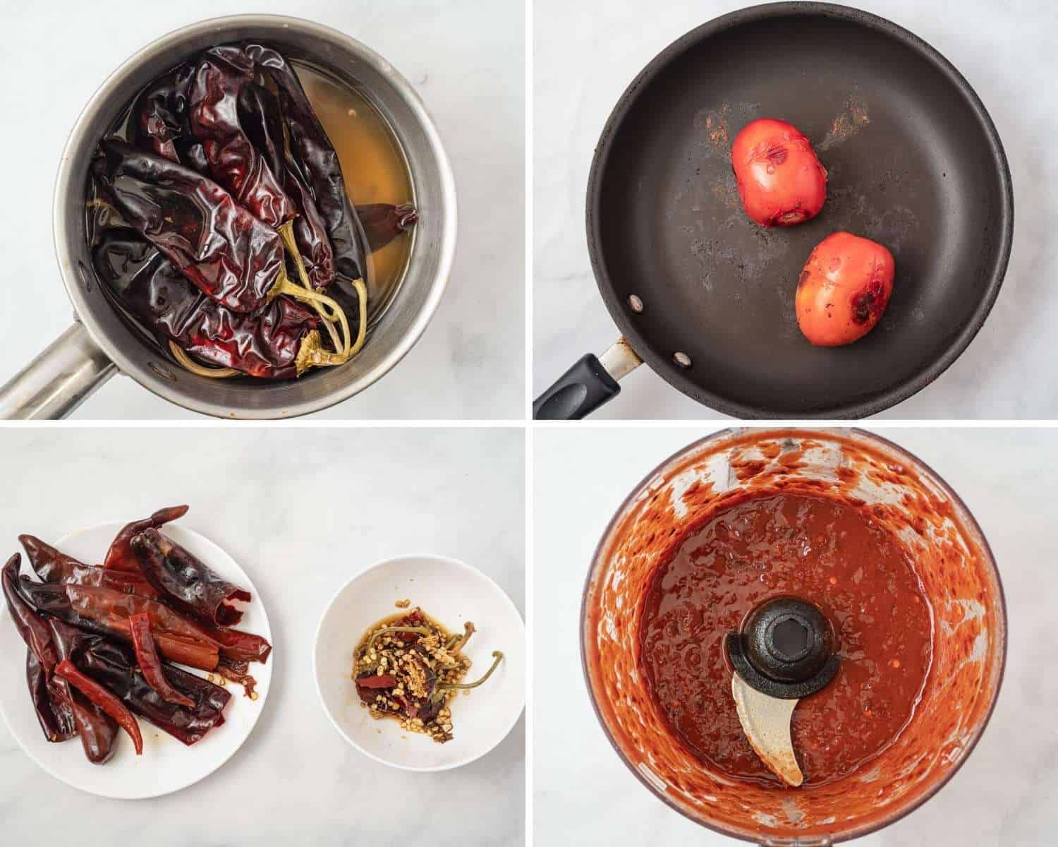 Collage of four images showing how to soak the chilies, roast tomatoes and make the marinade for chile colorado.