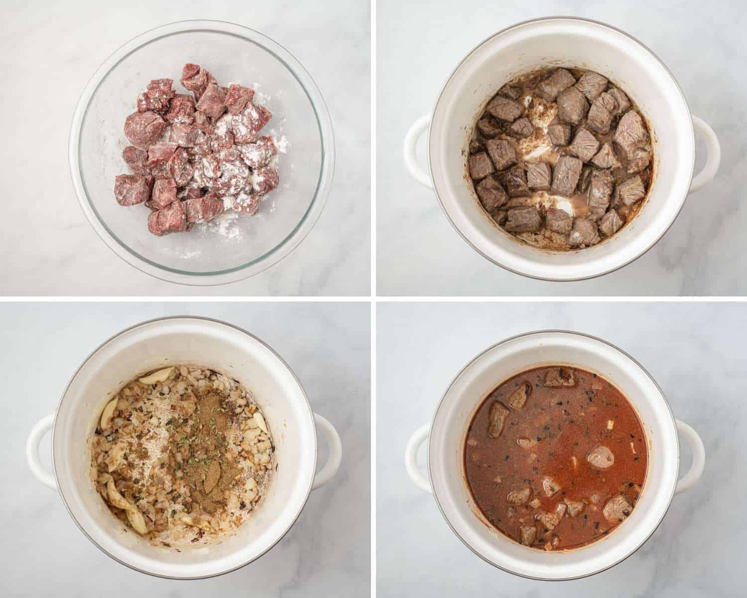 Collage of four images showing how to sear the beef, and cook it in a stew.