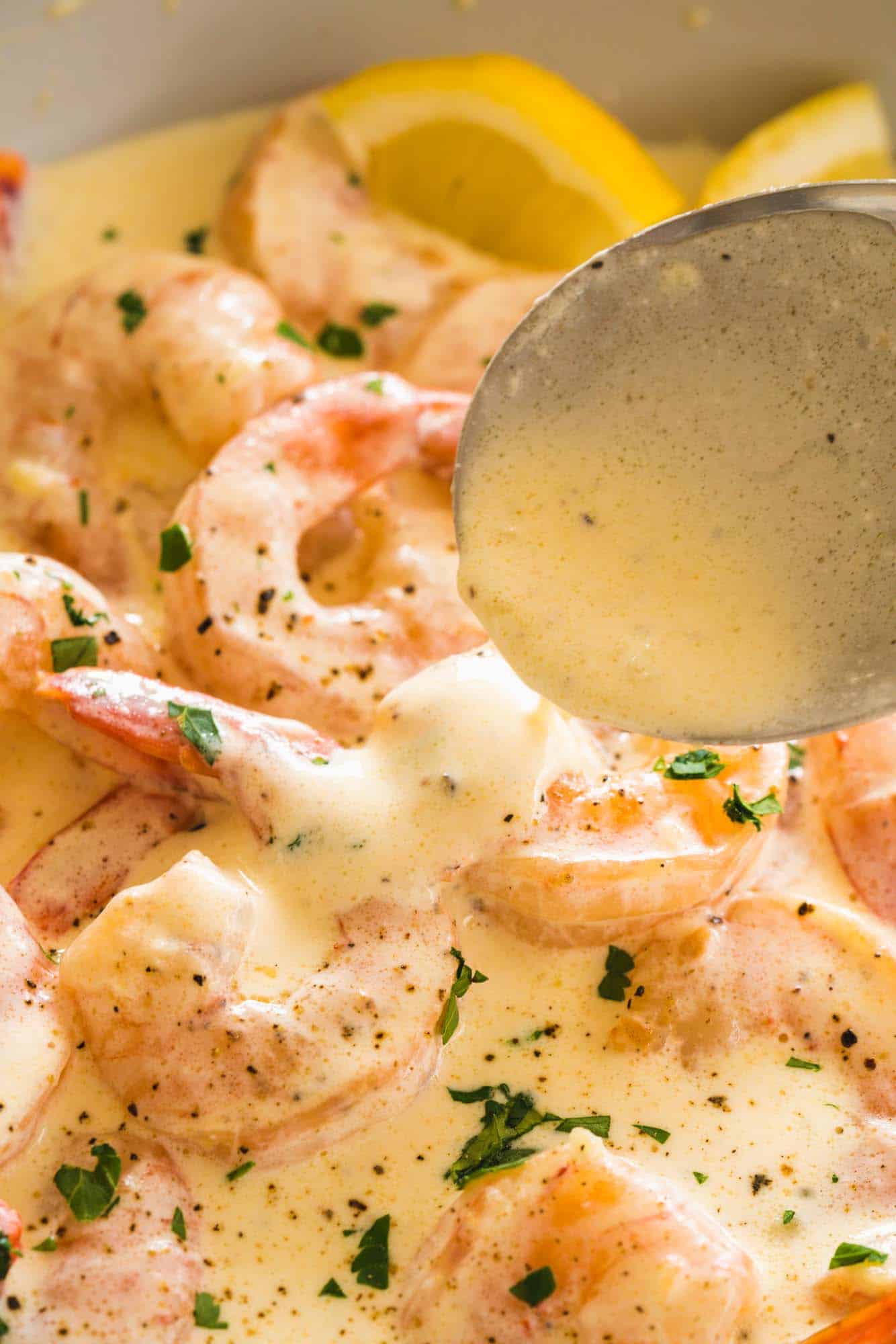 a pan of shrimp in garlic cream sauce, a spoon is pouring the shrimp sauce over the pieces of seafood