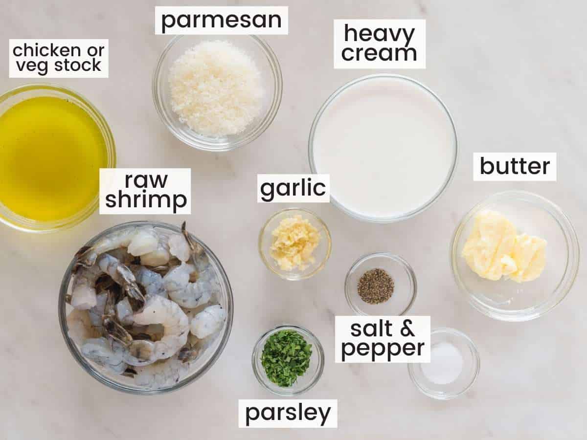 The ingredients for making a garlic shrimp sauce