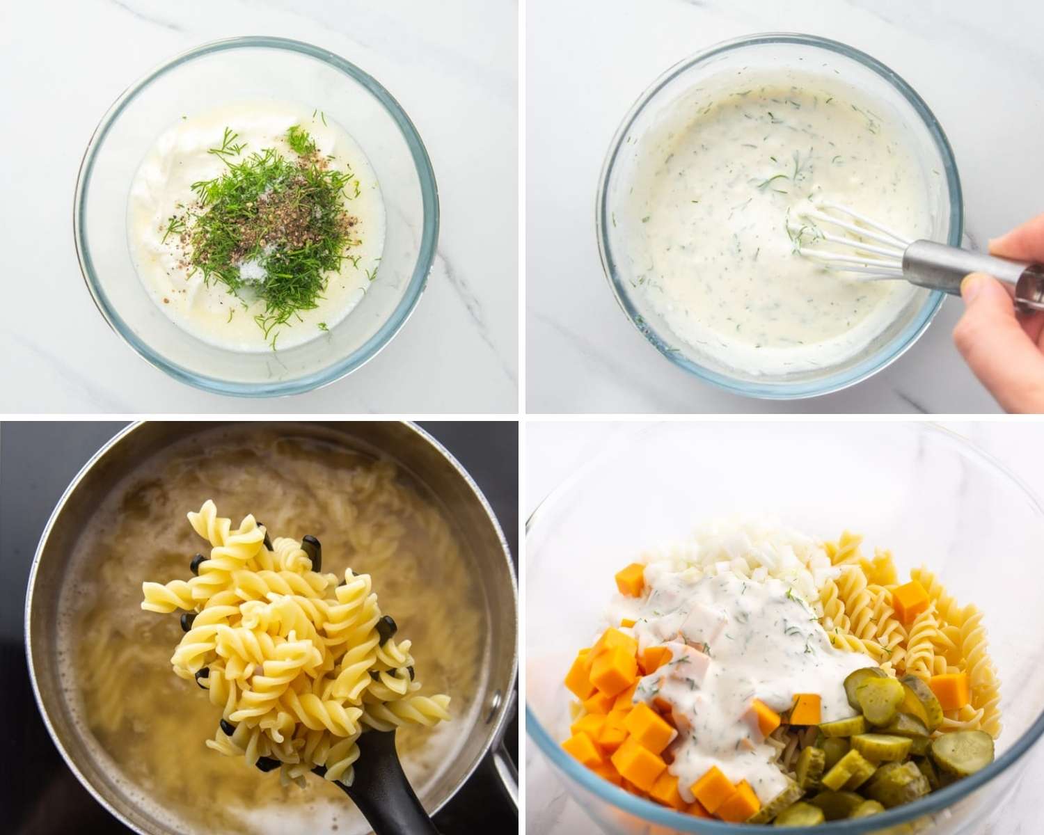 Four images showing steps to take to make dill pickle pasta salad