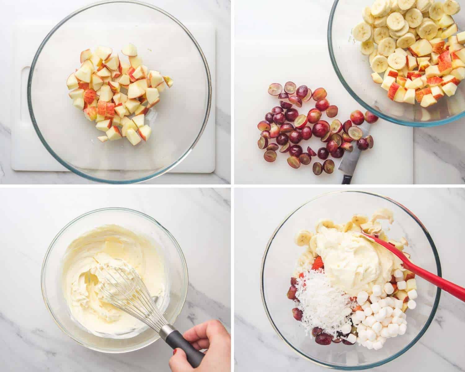 photo collage of four images showing how to make creamy fruit salad