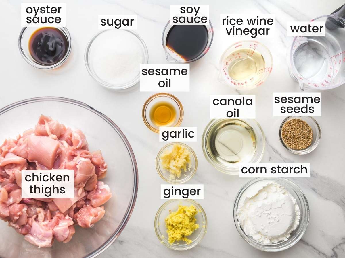 The ingredients needed to make homemade general tso's chicken, all in separate small, clear bowls on a counter, viewed from above.