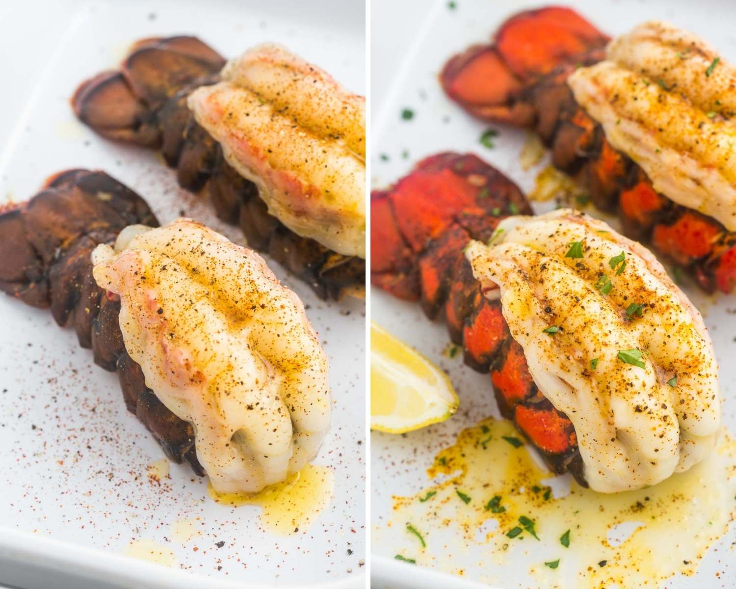 Collage of 2 images showing how to broil lobster tails