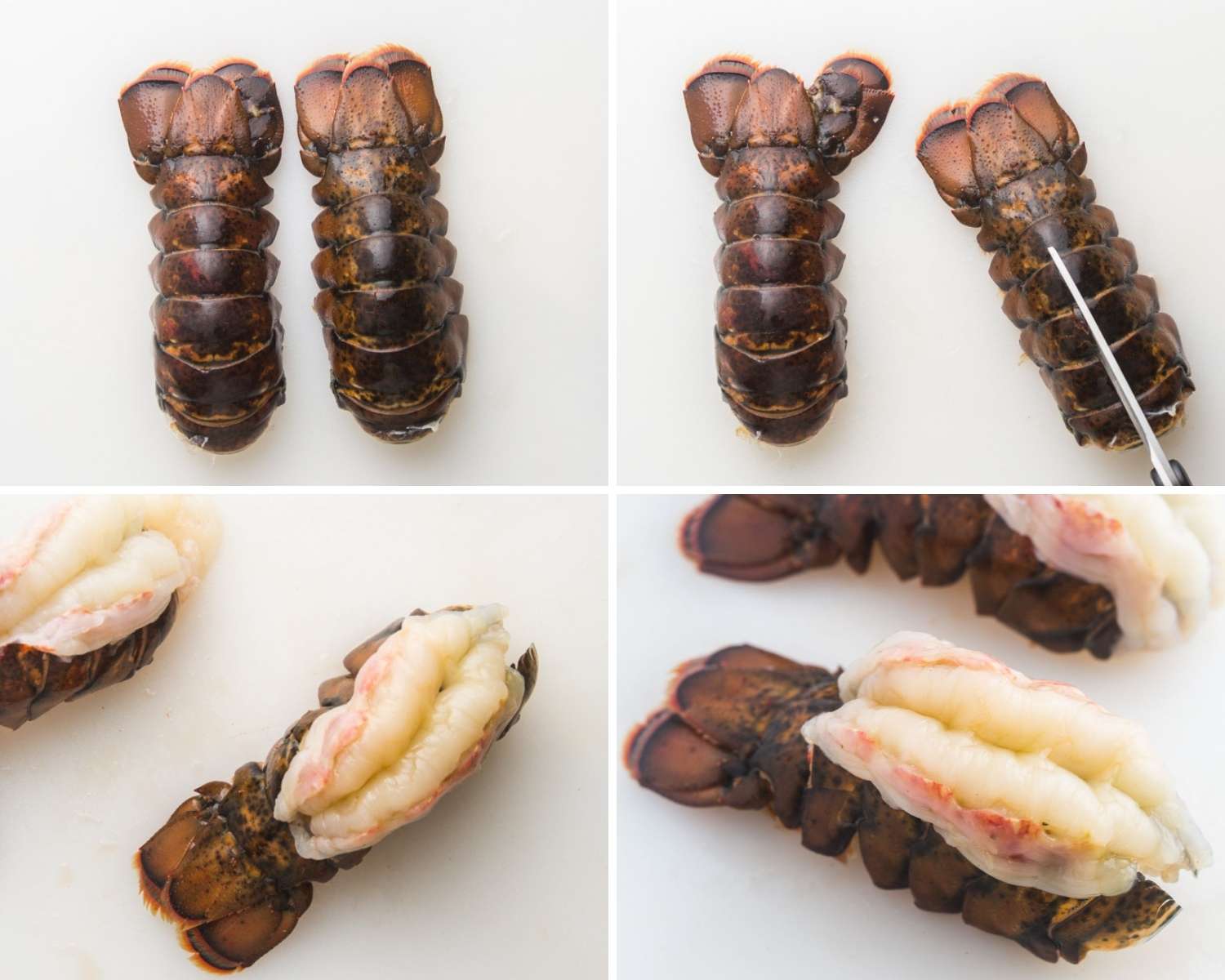 Collage of four images showing how to butterfly lobster tails