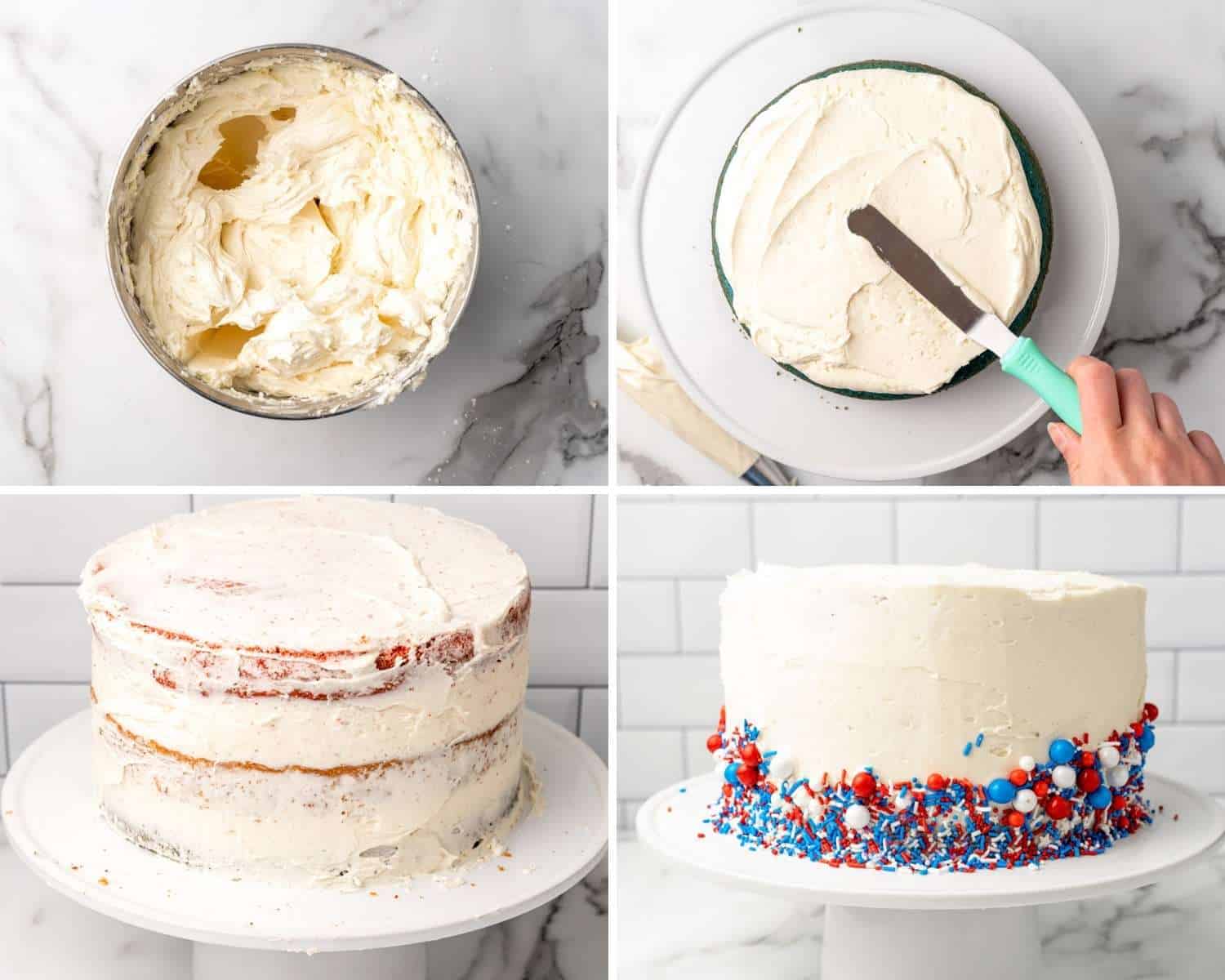 four photos showing how to add a crumb coat and second coat of buttercream to a layer cake