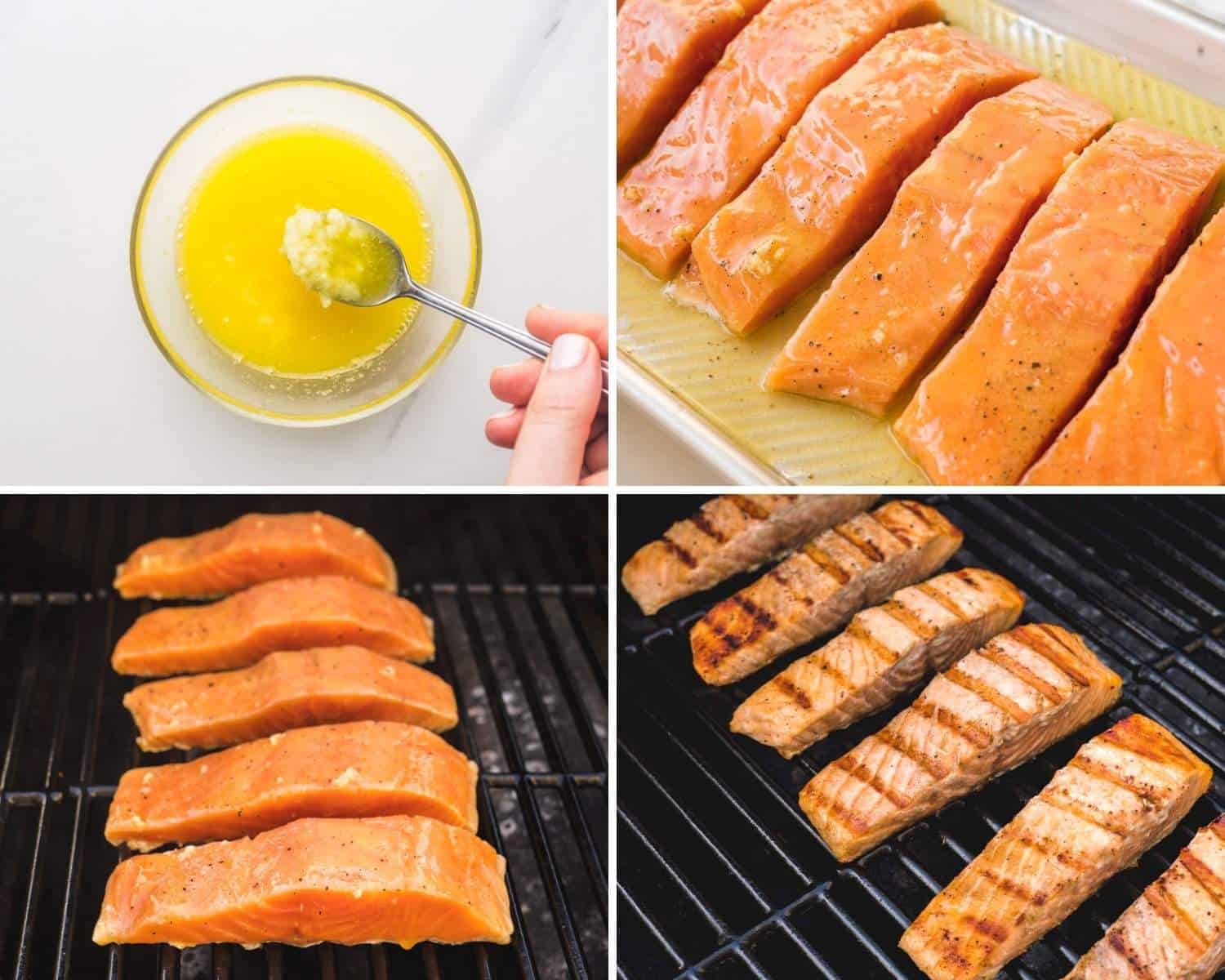 The best way to grill salmon, shown in four separate images. 