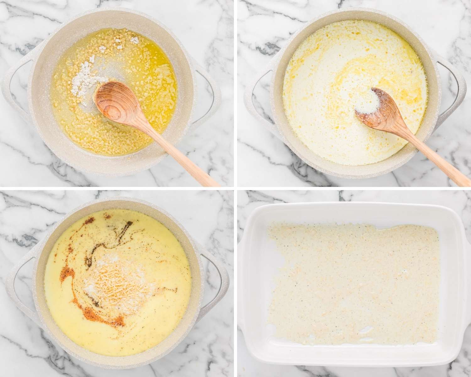 Collage of four images showing how to make roux and alfredo sauce