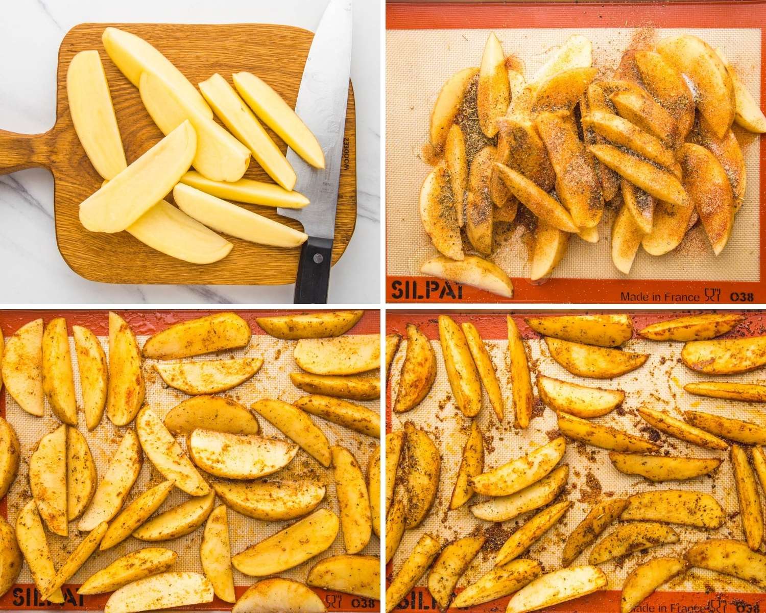 photo collage showing four images of how to make baked potato wedges