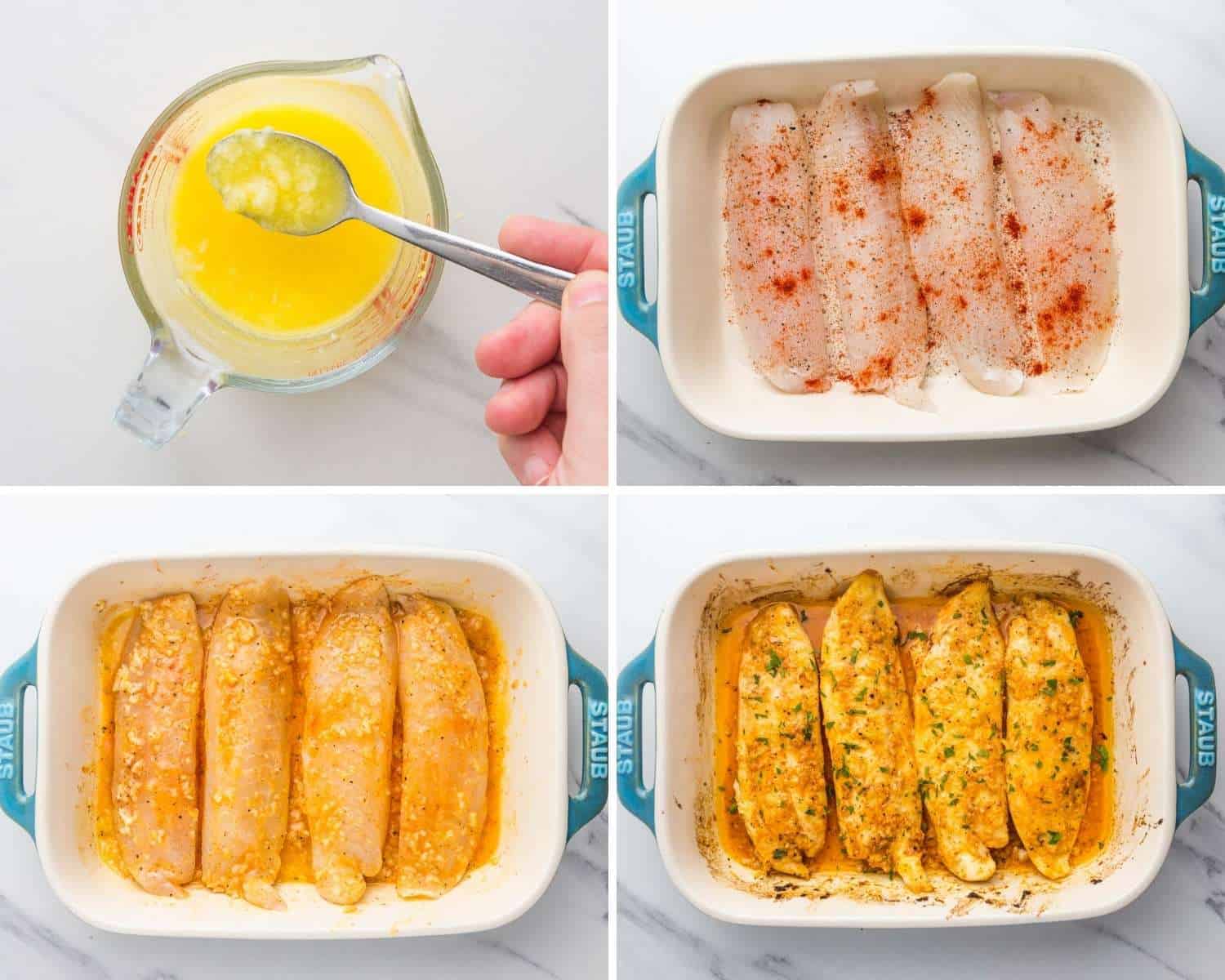 Four photos collaged together showing the stops for making baked tilapia