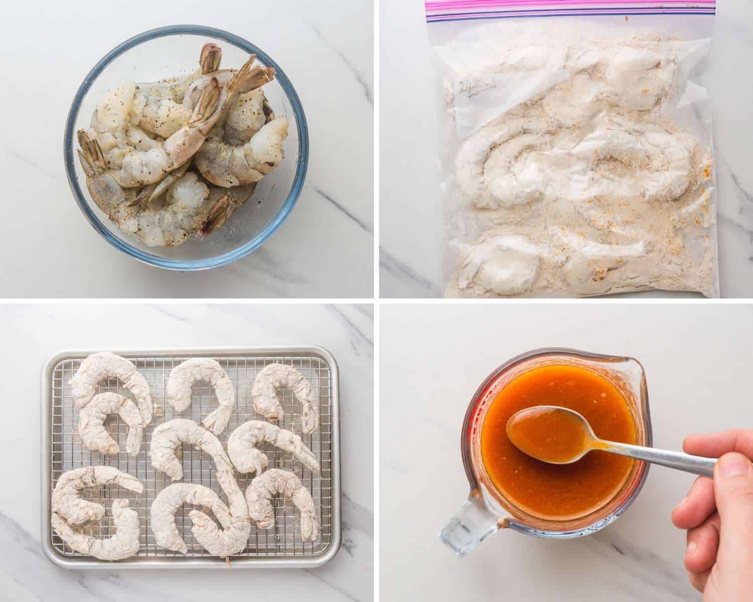 photo collage showing how to prepare breaded buffalo shrimp