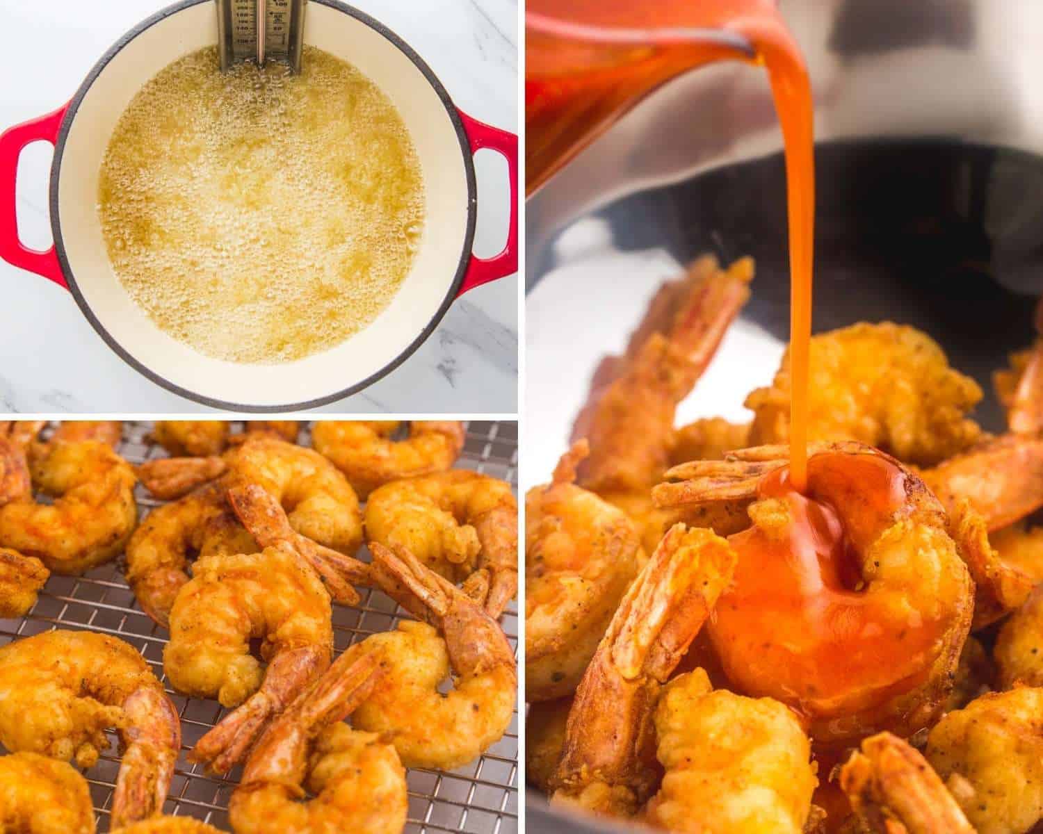 collage of three images showing how to fry buffalo shrimp and add hot sauce