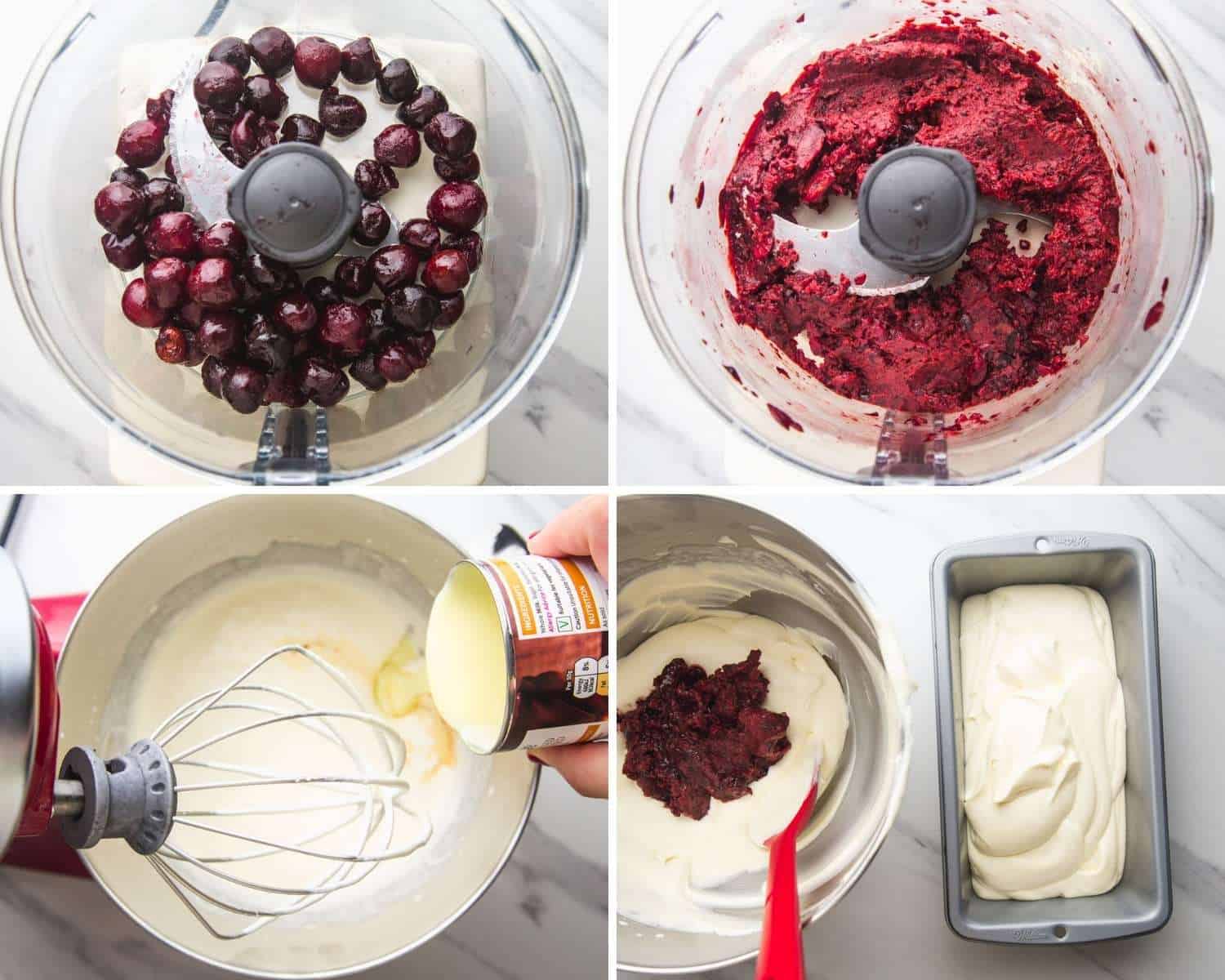 Collage of four images showing how to blend cherries and whip the whipping cream