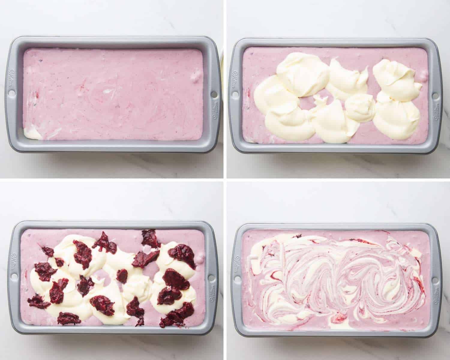 Collage of four images showing how to assemble the no churn cherry ice cream in a loaf pan before freezing