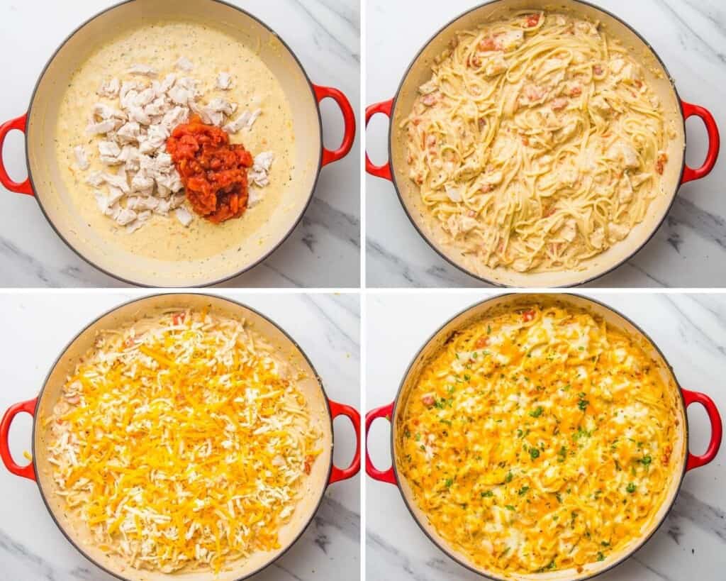 A collage of four images showing how to mix up spaghetti casserole with chicken
