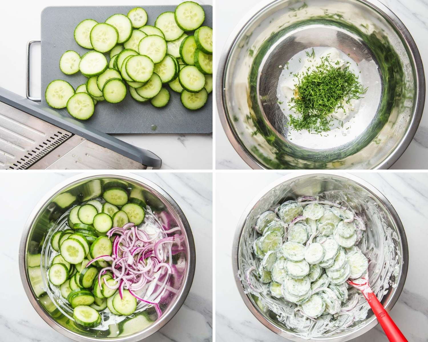 photo collage showing four steps needed to make creamy cucumbers
