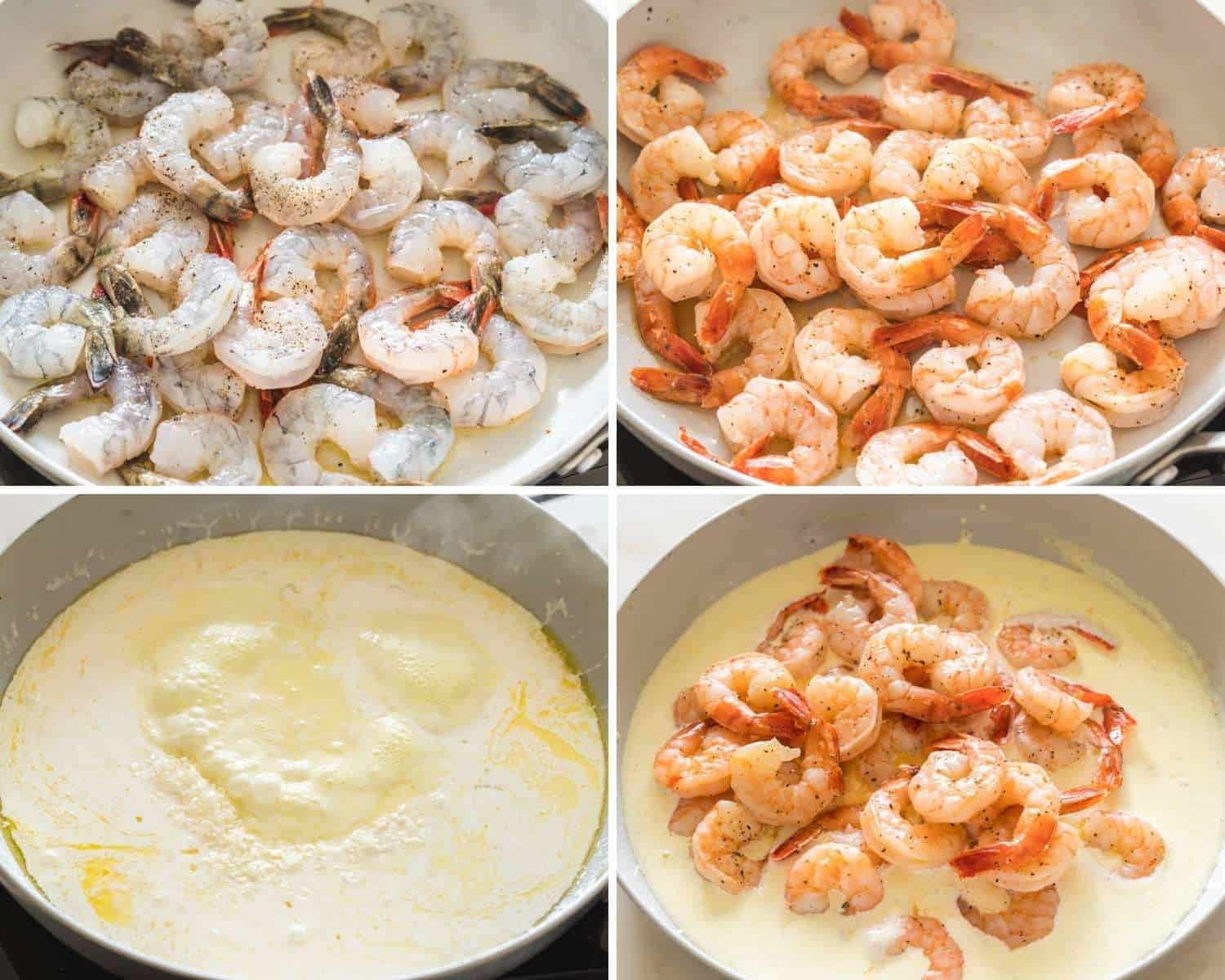 four images collaged together showing how to make shrimp in cream sauce