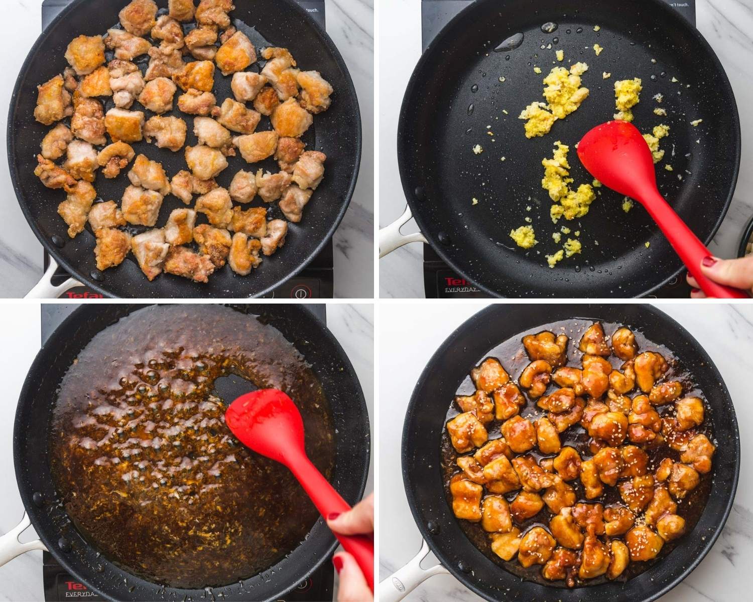 photographs showing how to make general tso's sauce and chicken in a skillet