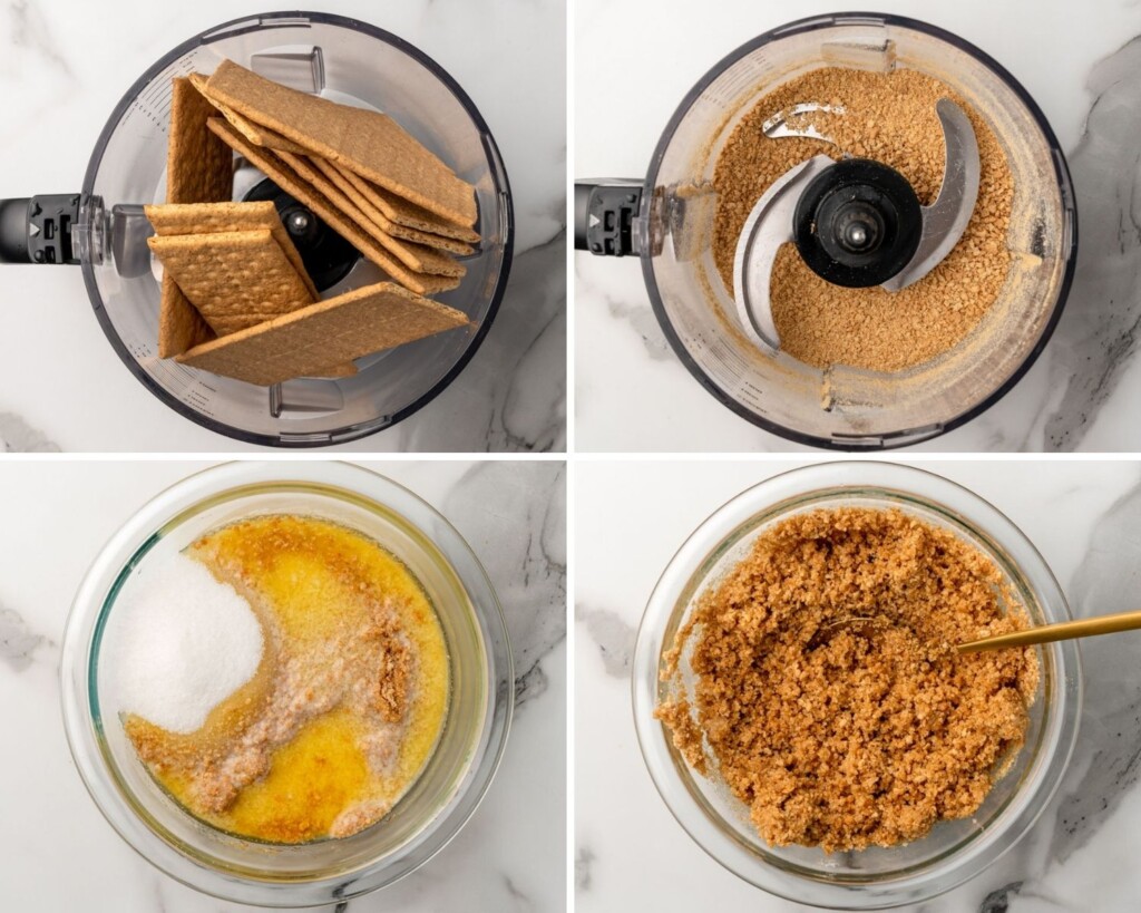 photo collage of four images showing how to make homemade graham cracker crust.