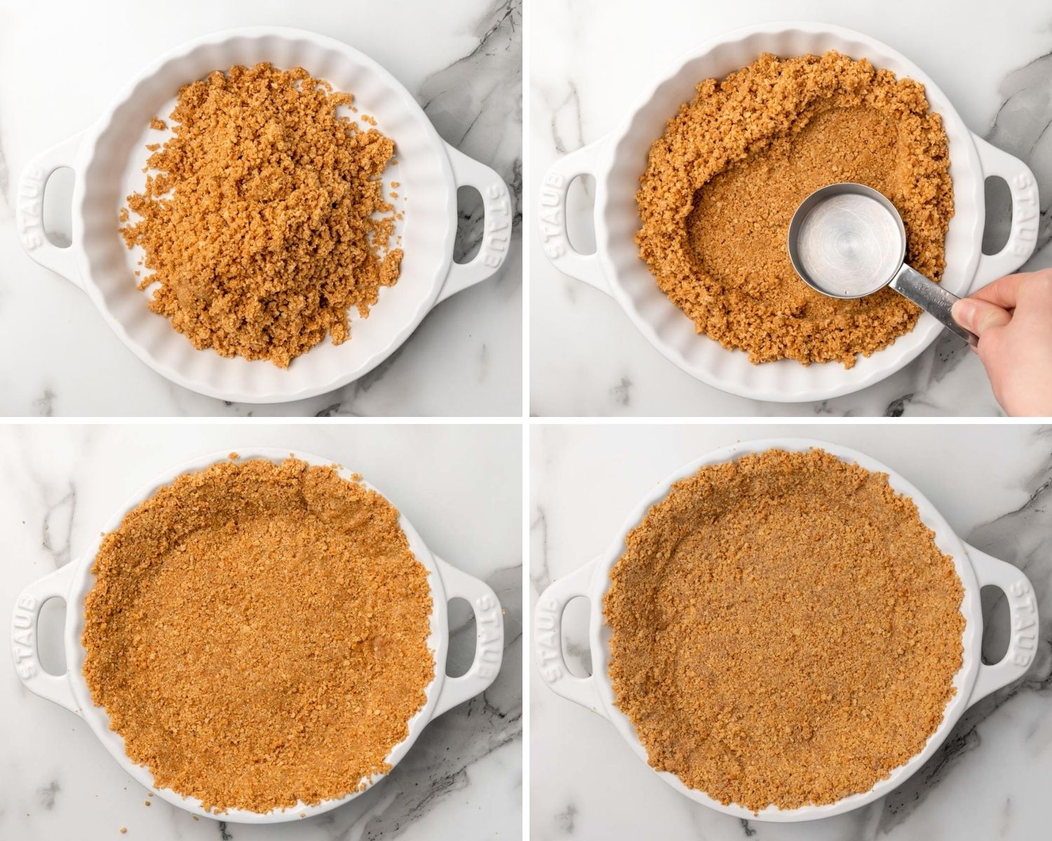 photo collage of four images showing how to press a graham cracker crust into a pie plate