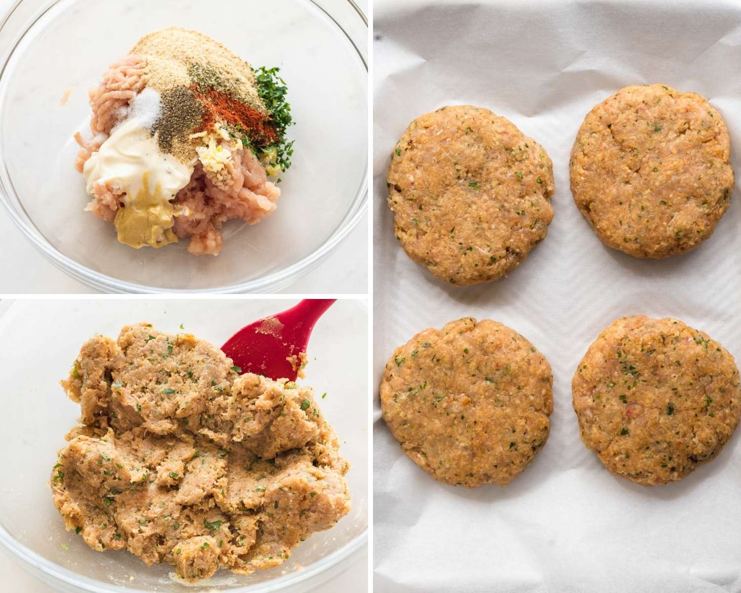 collage of three images showing how to mix the ingredients in ground chicken burgers to make patties.