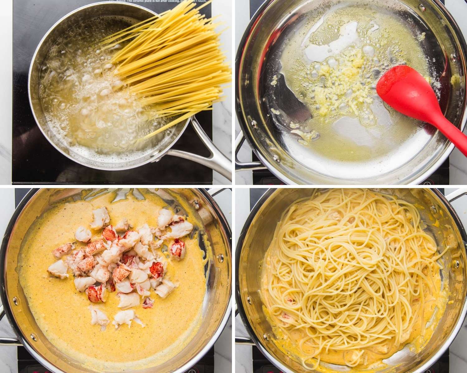 Collage of four images showing how to make lobster pasta