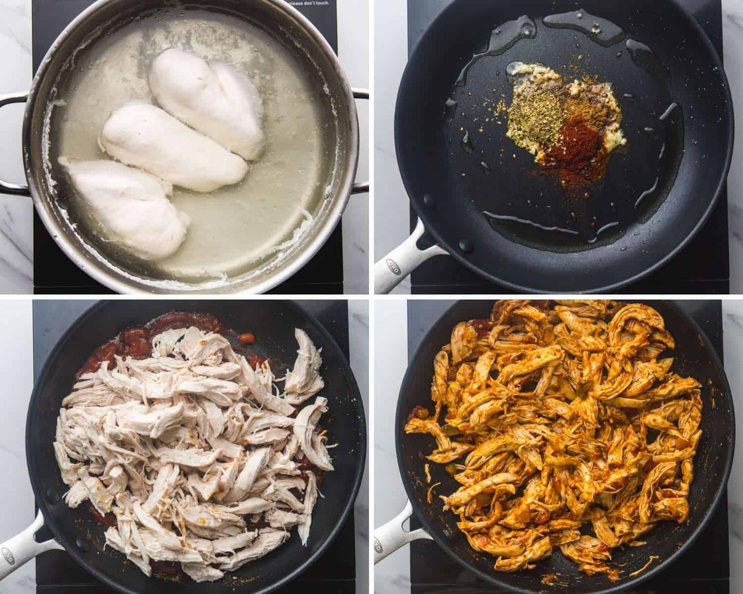 four images showing how to make chicken for nachos in a pan on the stove
