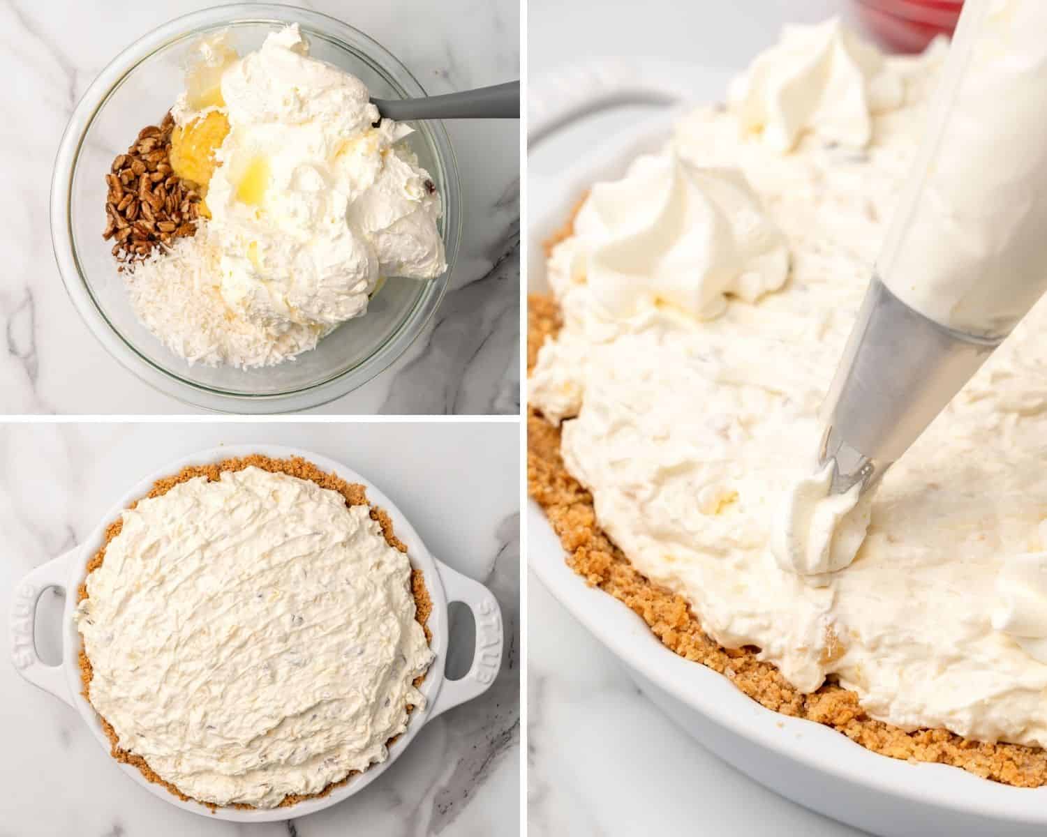 Photo collage showing the steps to make an easy million dollar pie