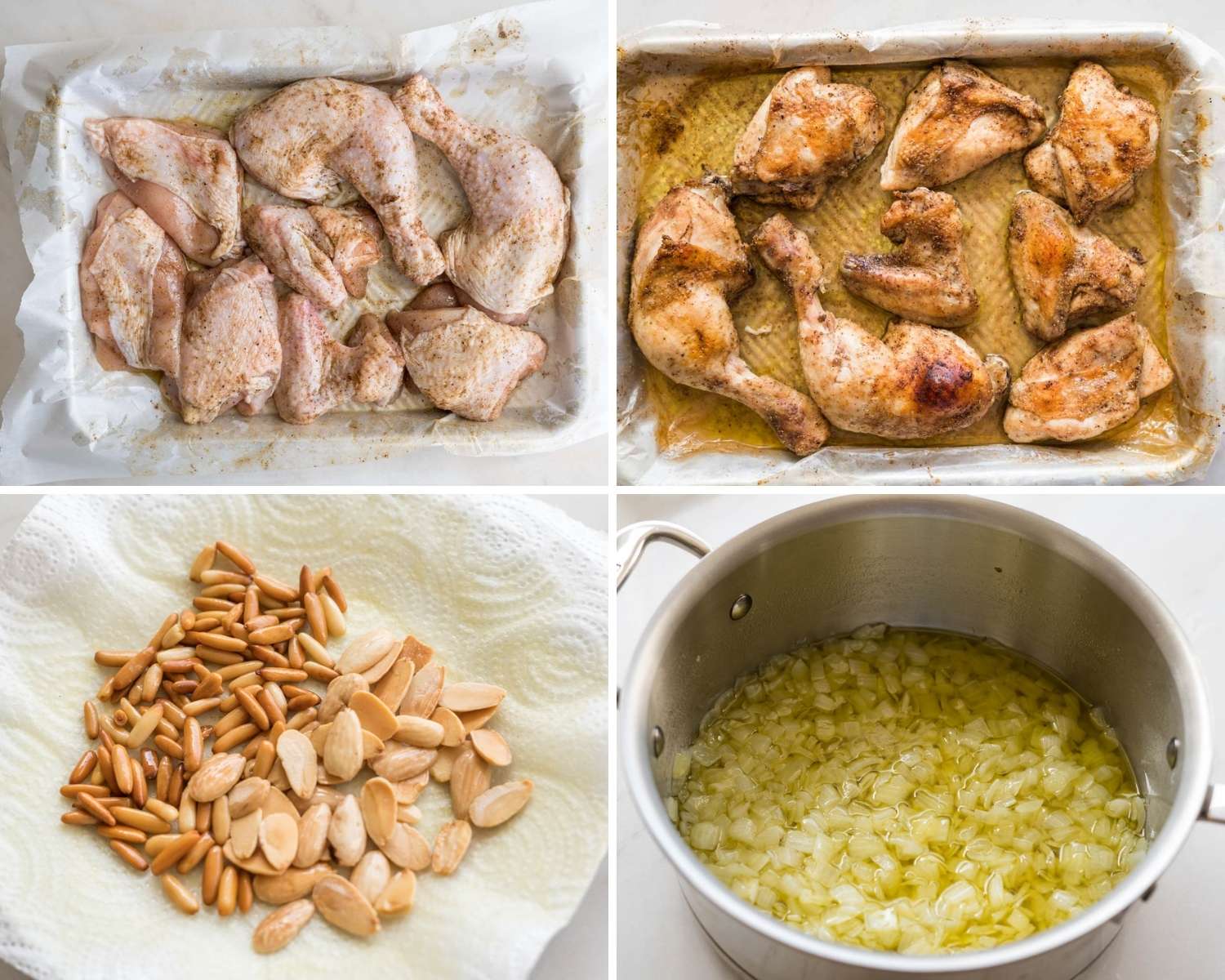Collage of four images showing how to roast sumac chicken, toast the nuts, and cook onions.