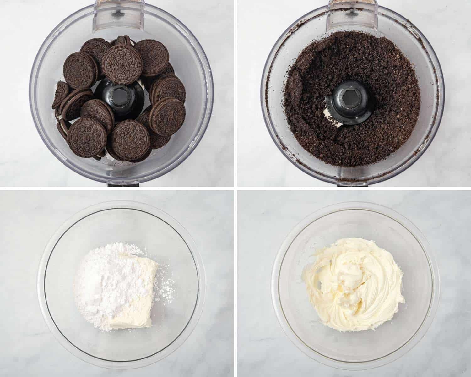 A collage of four images showing how to make oreo crust and filling.