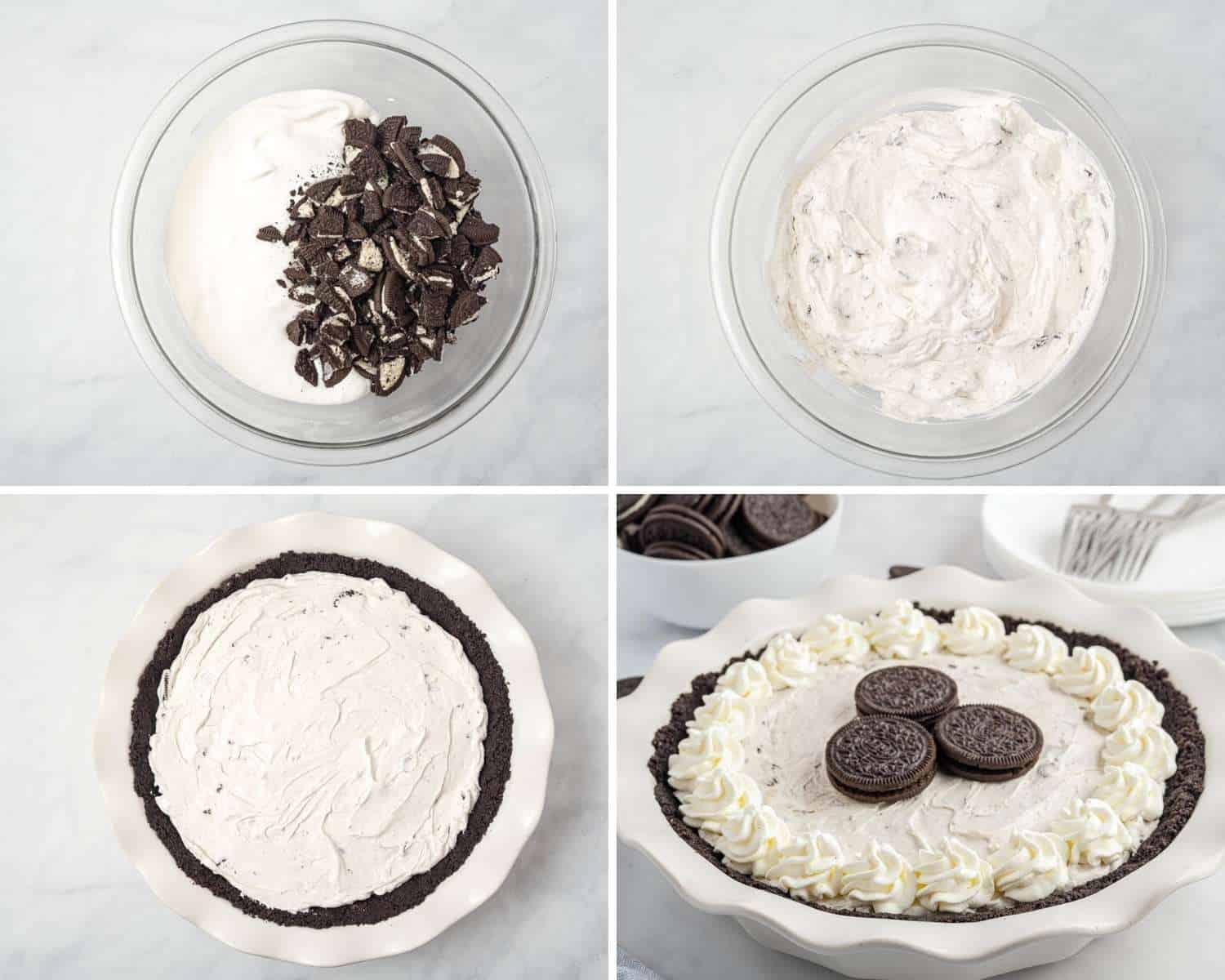 A collage of four images showing how to make a no bake oreo pie.
