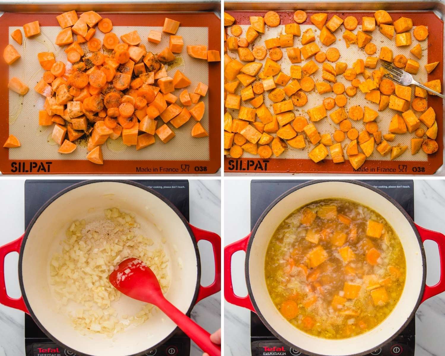 Collage of four images showing how to roast sweet potatoes and carrots and add them to the soup base