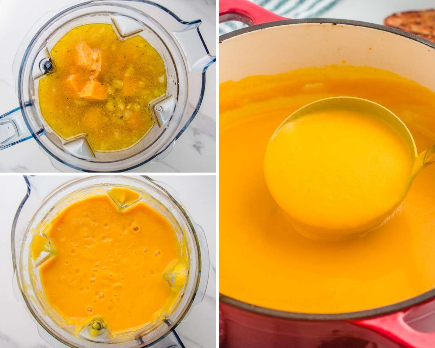 Collage of three images showing how to blend up a soup using a vitamix blender