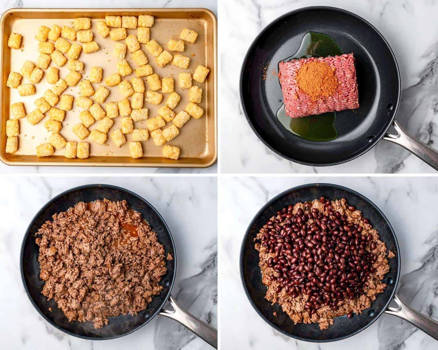 collage of four images showing how to bake tater tots, and cook ground beef with taco seasoning, and black beans.